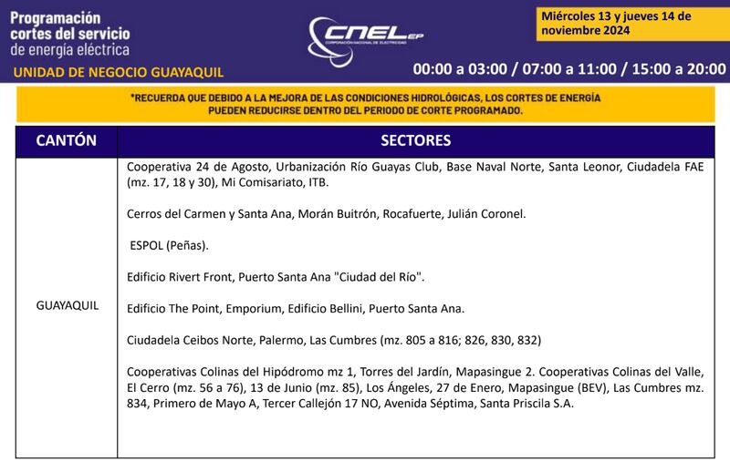 Cortes de luz en Quito 13 y 14 de noviembre
