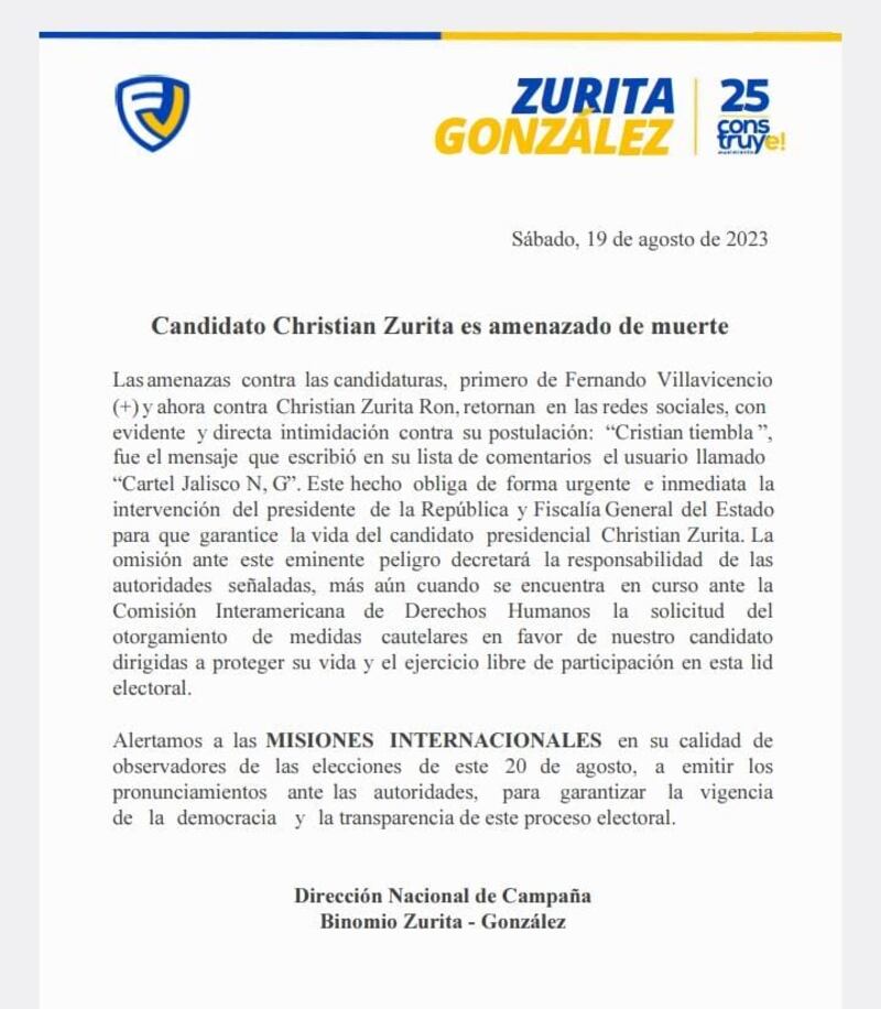 Amenaza de muerte contra Christian Zurita