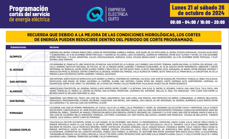 Horarios de corte de luz en Quito hasta el 26 de octubre