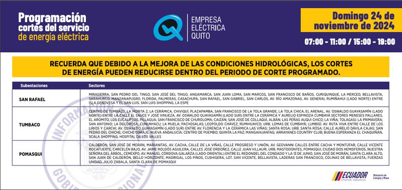 Cortes de luz Quito 24 de noviembre