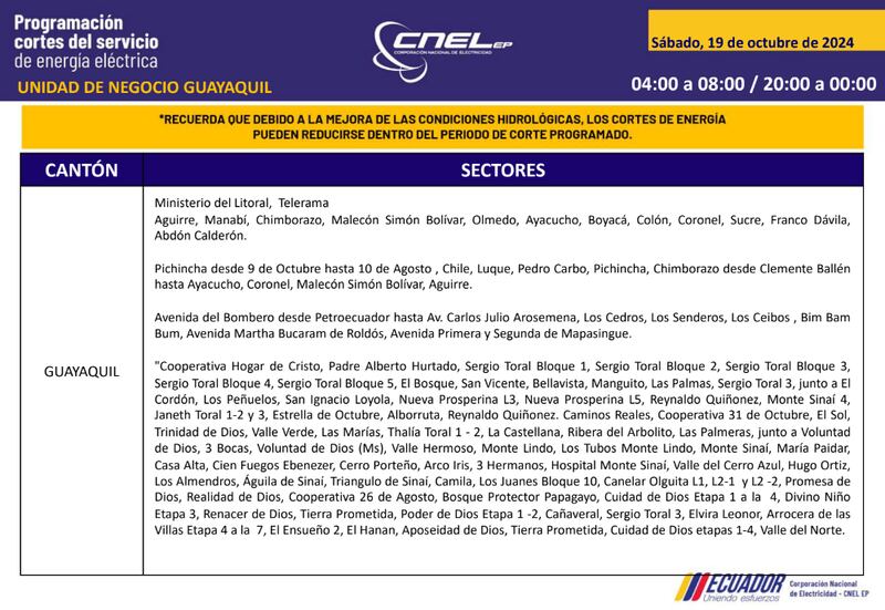Guayaquil: horarios de cortes de luz para este sábado 19 y domingo 20 de octubre. Imagen: CNEL