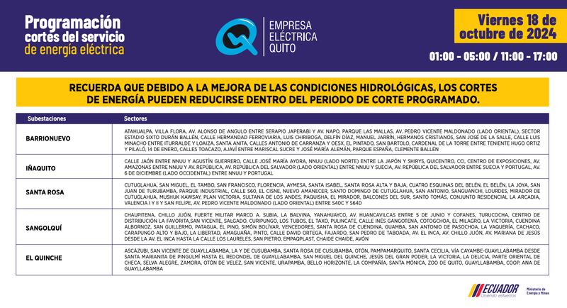 Quito: recuerde los horarios de cortes de luz de este viernes 18 de octubre. Imagen: EEQ