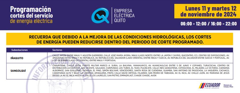 Cortes de luz en Quito 11 y 12 de noviembre