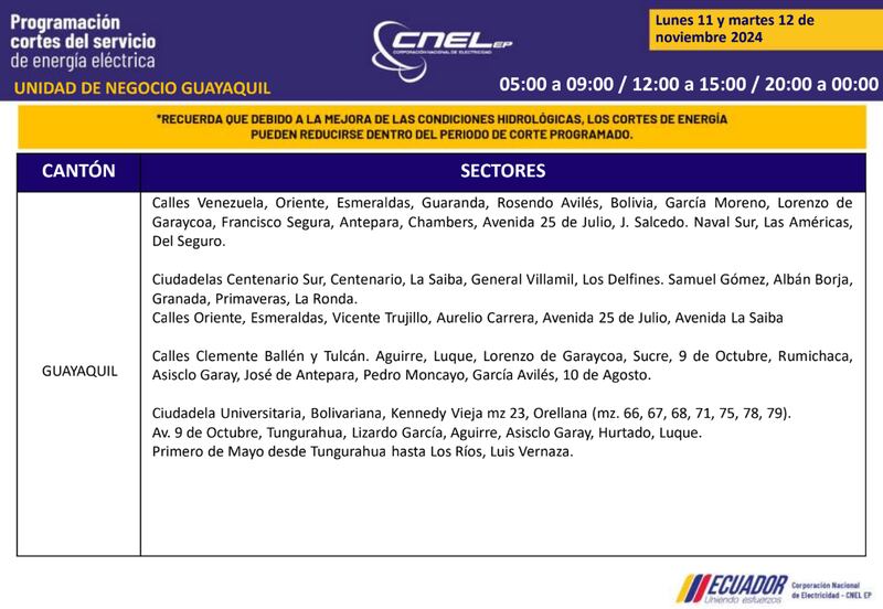 Cortes de luz en Guayaquil el 11 y 12 de noviembre