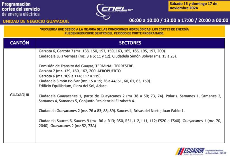 Guayaquil: horarios de cortes de luz de este domingo 17 de noviembre. Imagen: CNEL