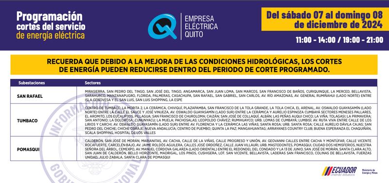 Cortes de luz en Quito del 07 y 08 de diciembre
