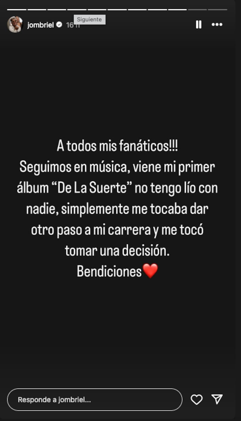 Captura de la historia publicada por Jombriel donde anuncia su álbum y explica la decisión