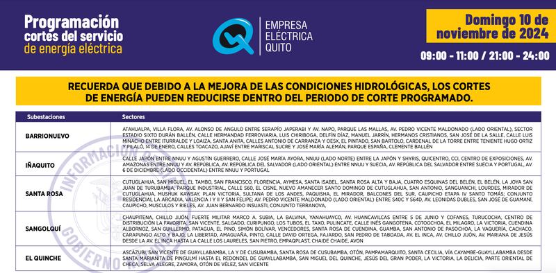 Cortes de luz del domingo 10 de noviembre en Quito