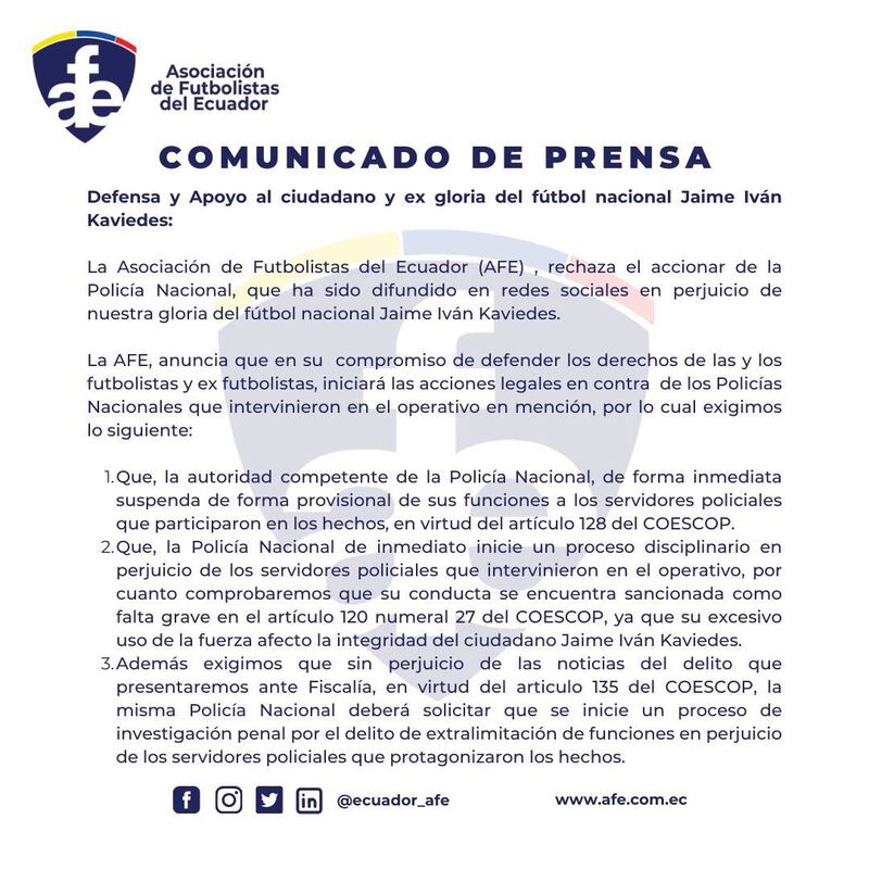 Comunicado de la AFE en respaldo al 'Nine' Kaviedes.