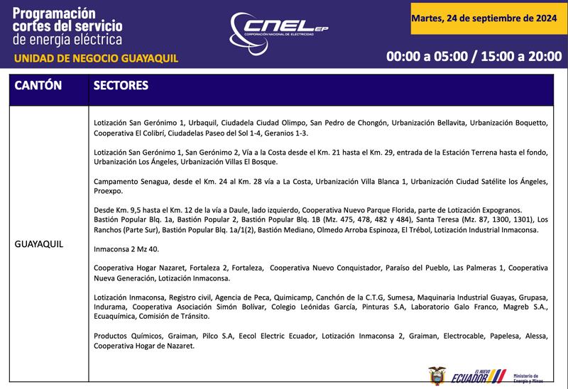 Horario de cortes de luz para este martes 24 de septiembre en Guayaquil.