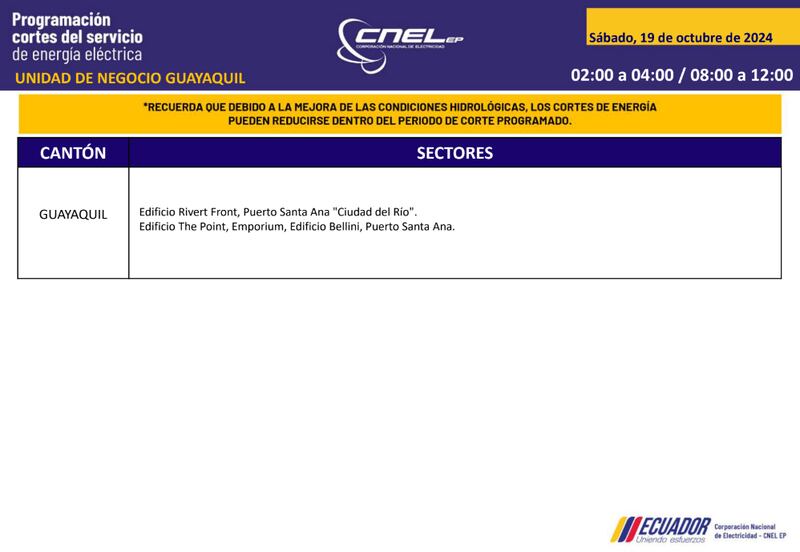Guayaquil: horarios de cortes de luz para este sábado 19 y domingo 20 de octubre. Imagen: CNEL