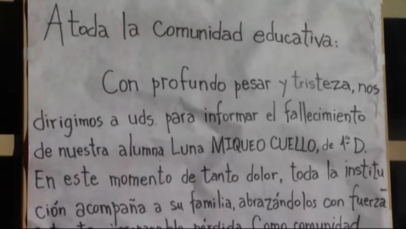 El comunicado de la escuela por el accidente fatal. (Foto: Periódico Comunicación Pérez)