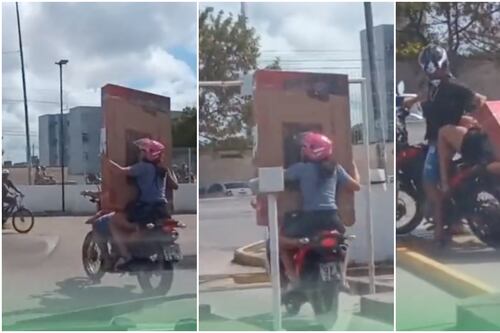 Se quedaron sin Tv y por poco sin espalda: pareja en moto dañó el televisor a la salida de la tienda