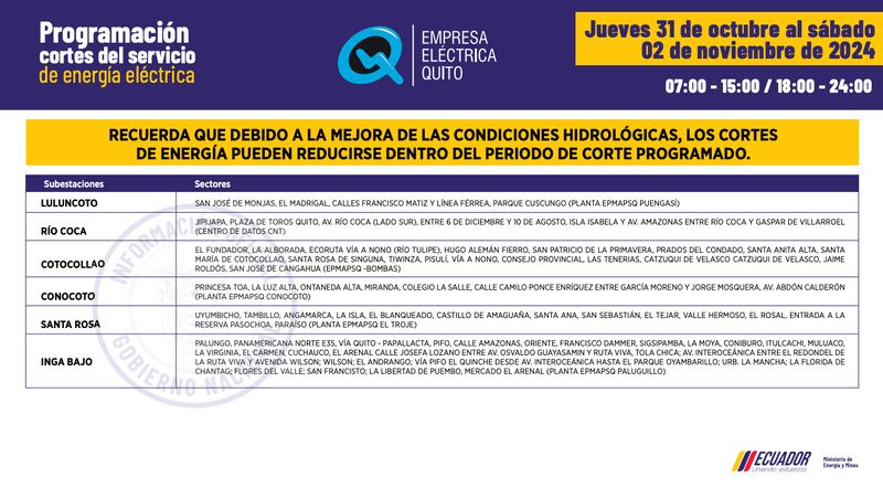 Quito: horarios de cortes de luz del 28 de octubre al 3 de noviembre. Imagen: EEQ