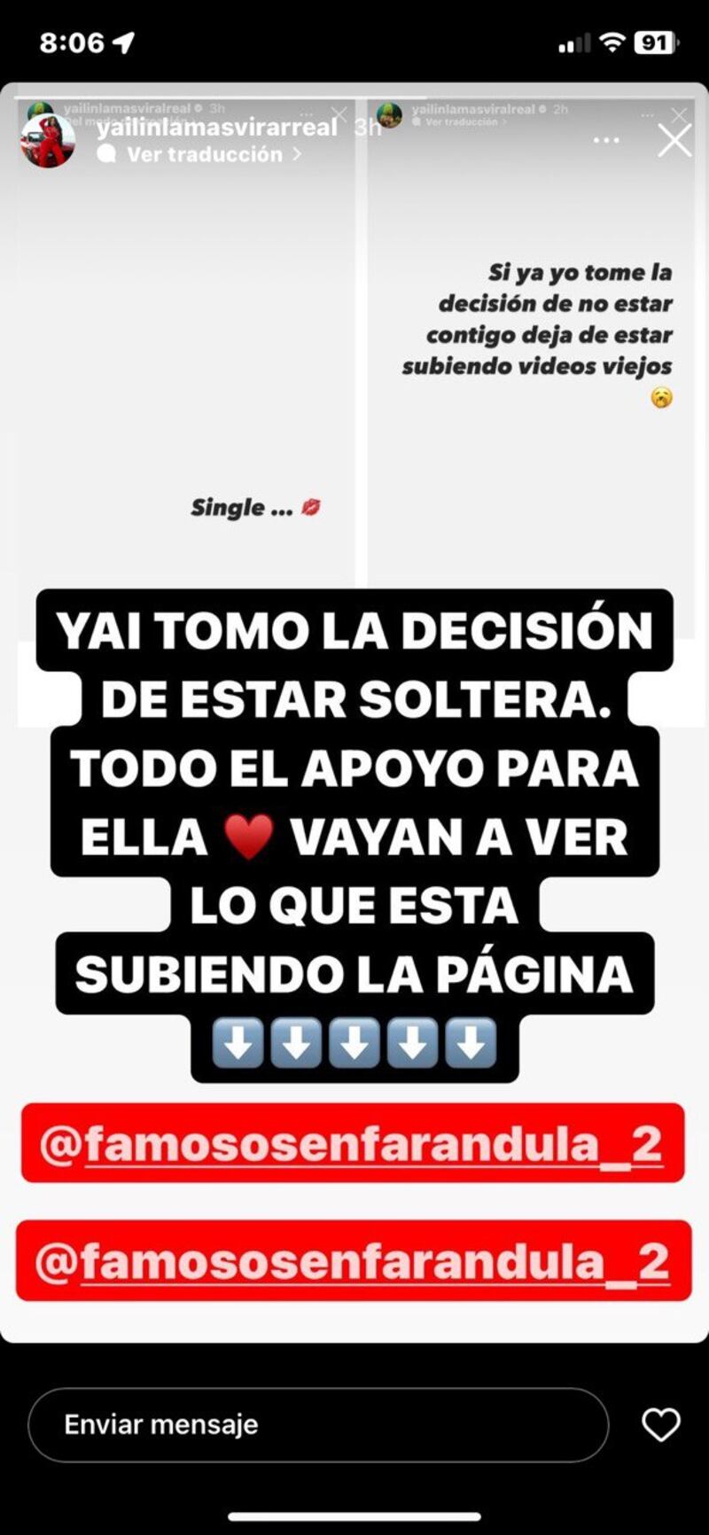 Captura de pantalla historias de Yailin en Instagram