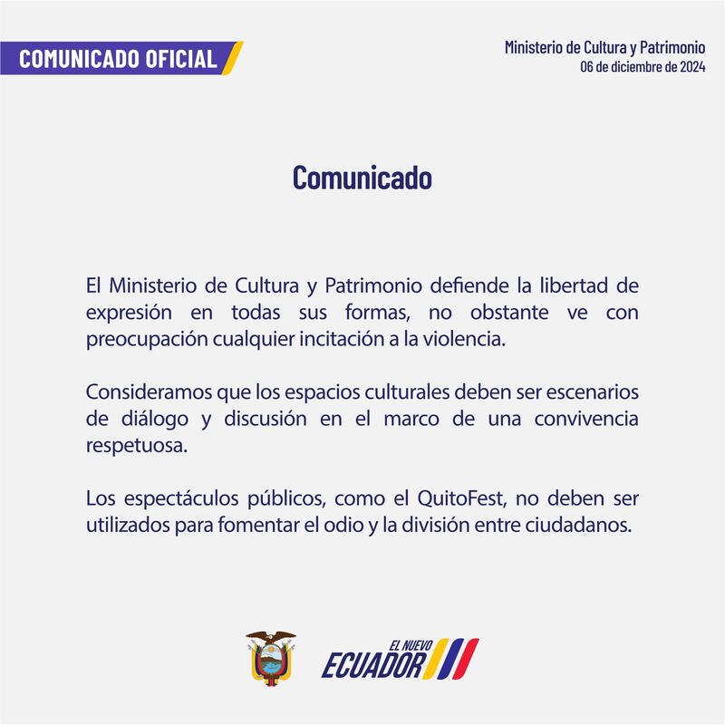 Comunicado del Ministerio de Cultura y Patrimonio.