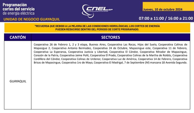Cortes de luz en Guayaquil 10 de octubre