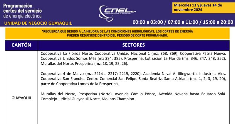 Cortes de luz en Quito 13 y 14 de noviembre