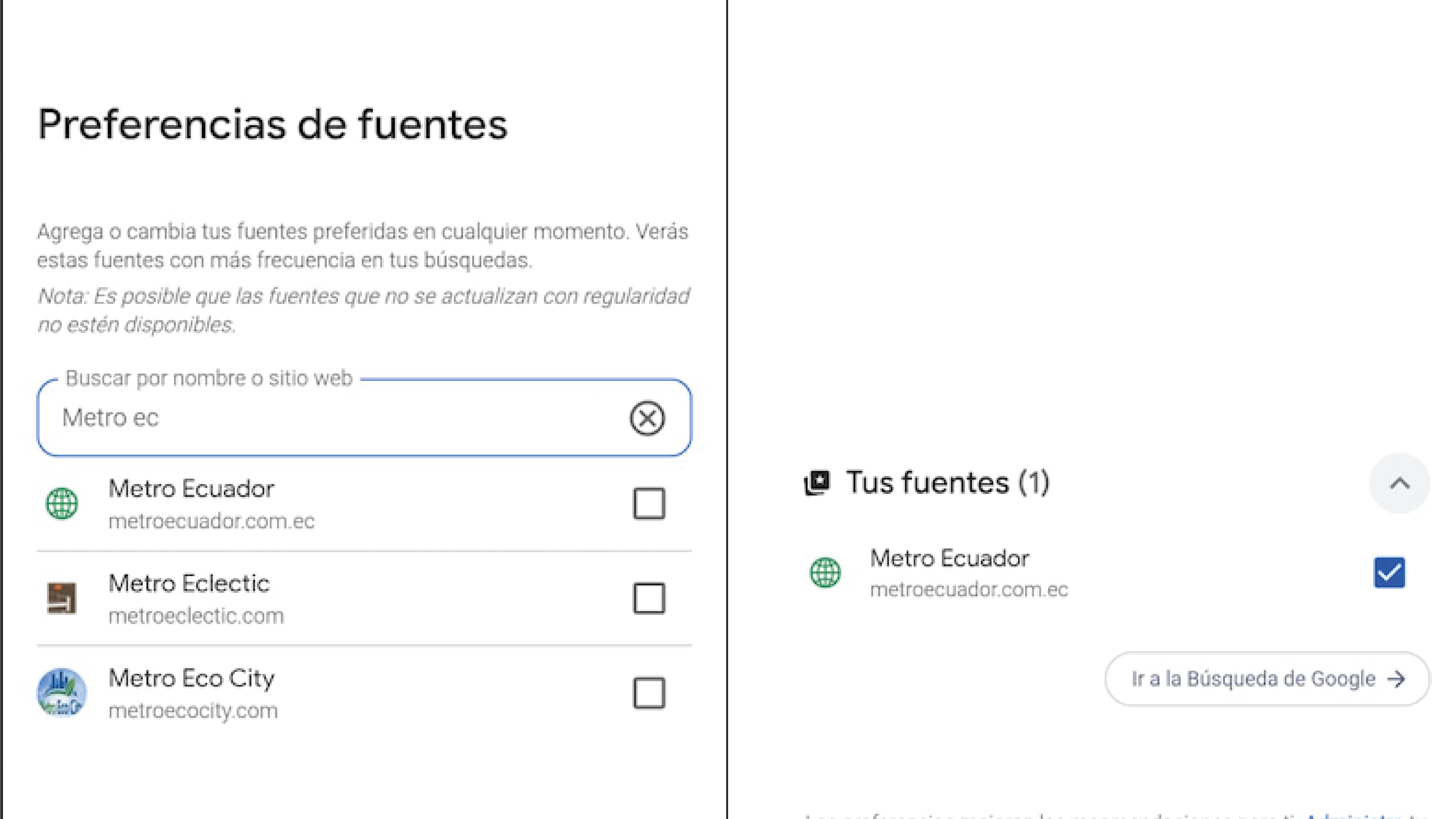 Cómo añadir a Metro Ecuador como fuente preferida de Google y ver sus noticias primero