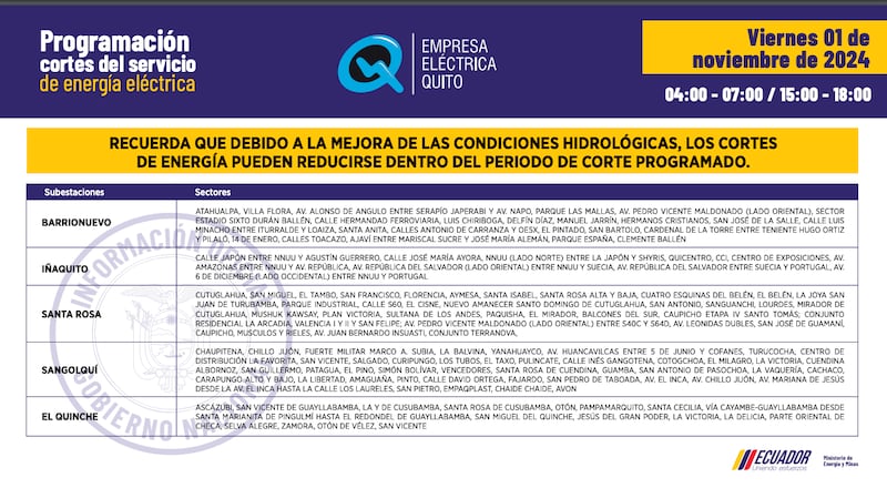 Cronograma de cortes de luz del viernes 1 al lunes 4 de noviembre en Quito