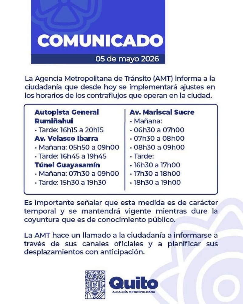 AMT ajusta horarios de contraflujos en Quito