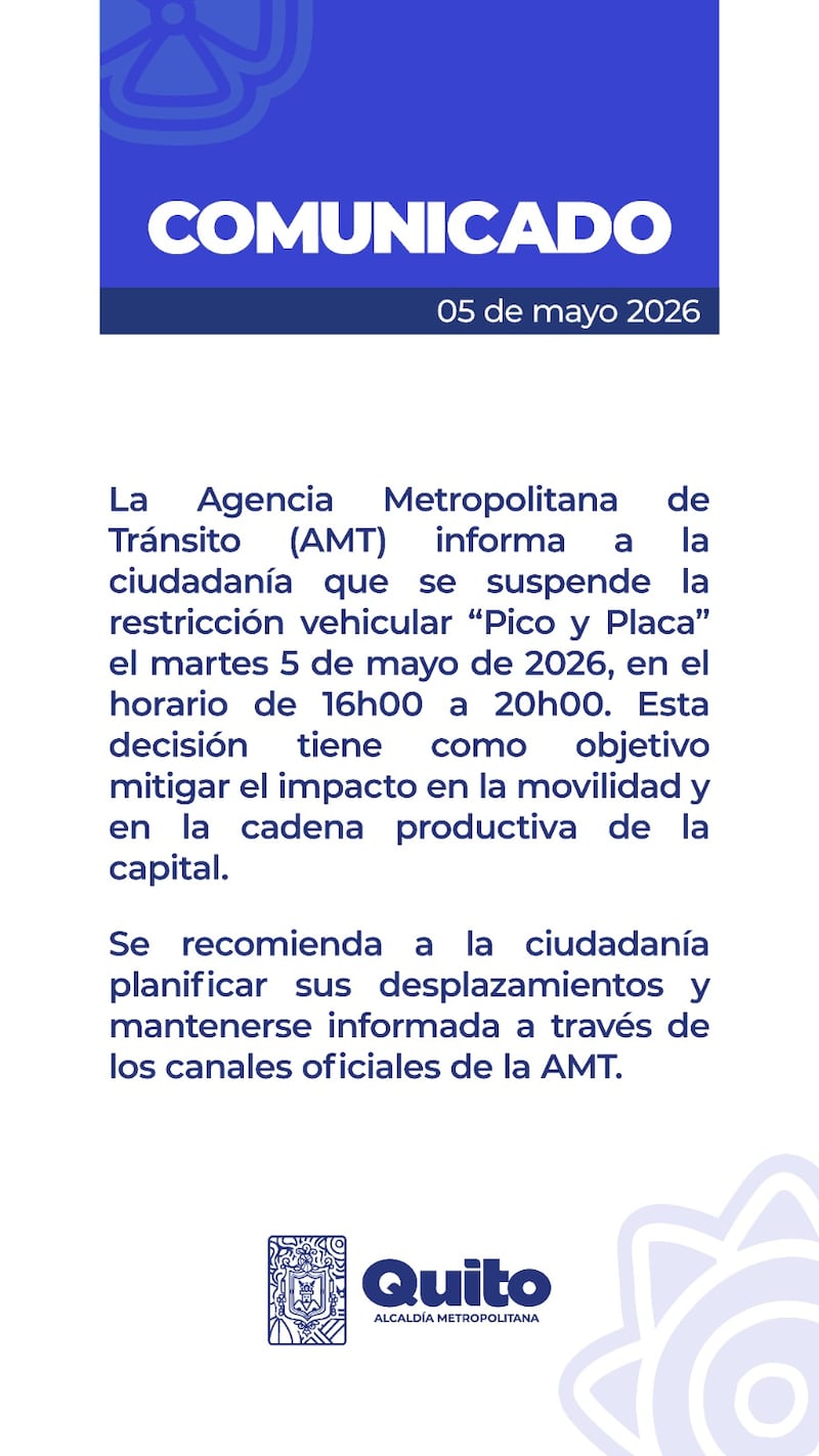 Quito suspende Pico y Placa la tarde del 5 de mayo para aliviar la movilidad