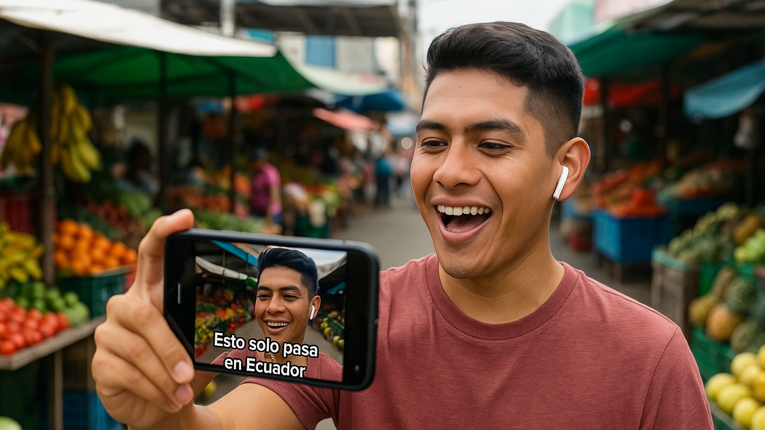 Joven grabando TikTok con costumbres ecuatorianas típicas, ejemplo de viralidad local.