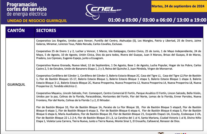 Horario de cortes de luz para este martes 24 de septiembre en Guayaquil.
