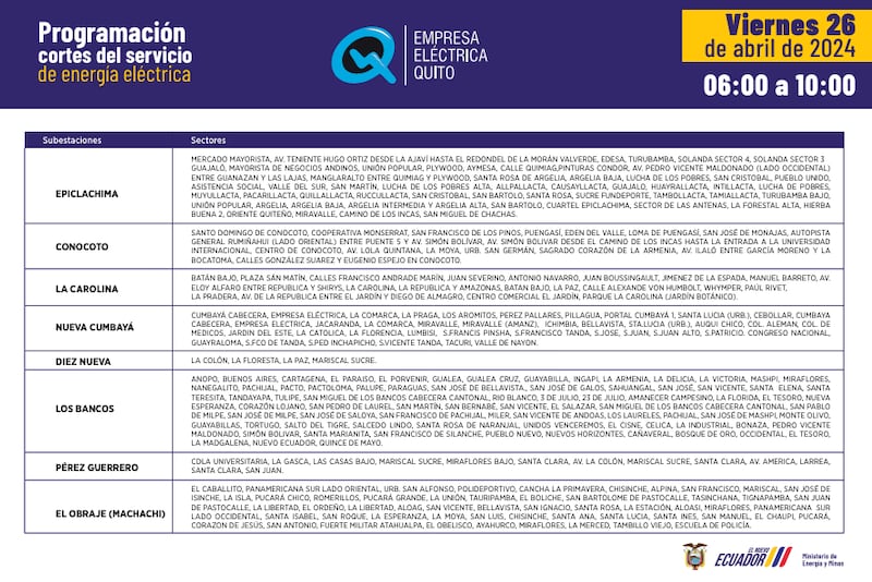 Quito: así quedan los horarios de cortes de luz para este 26 de abril.