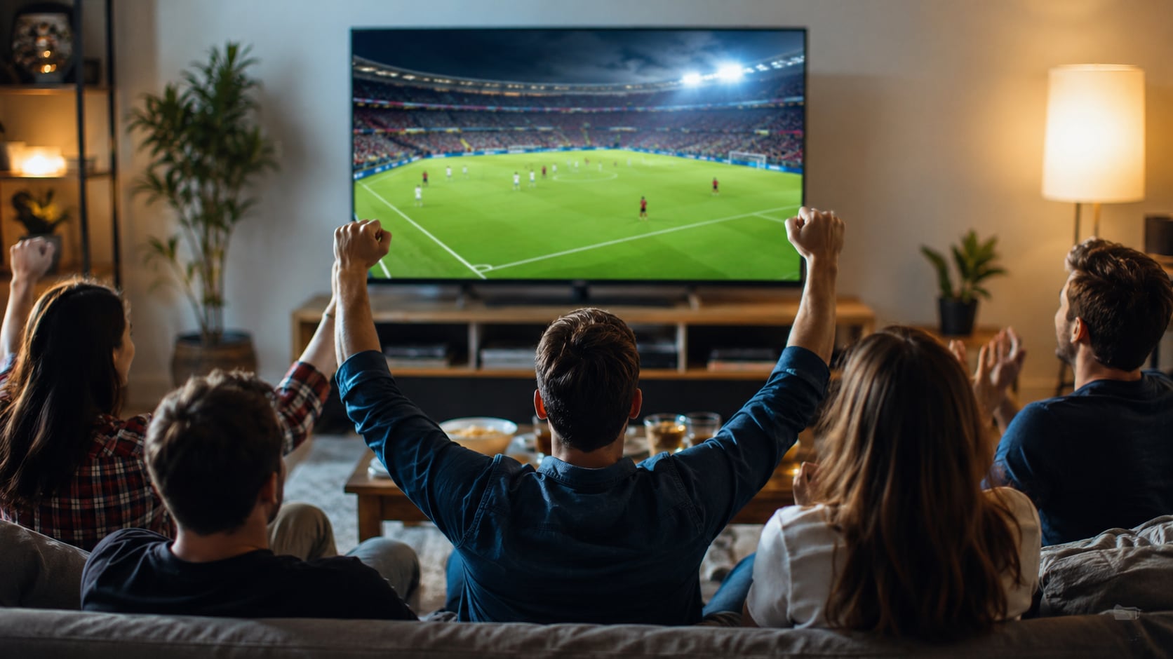 Personas viendo partidos de fútbol desde celulares y televisión durante una transmisión deportiva.