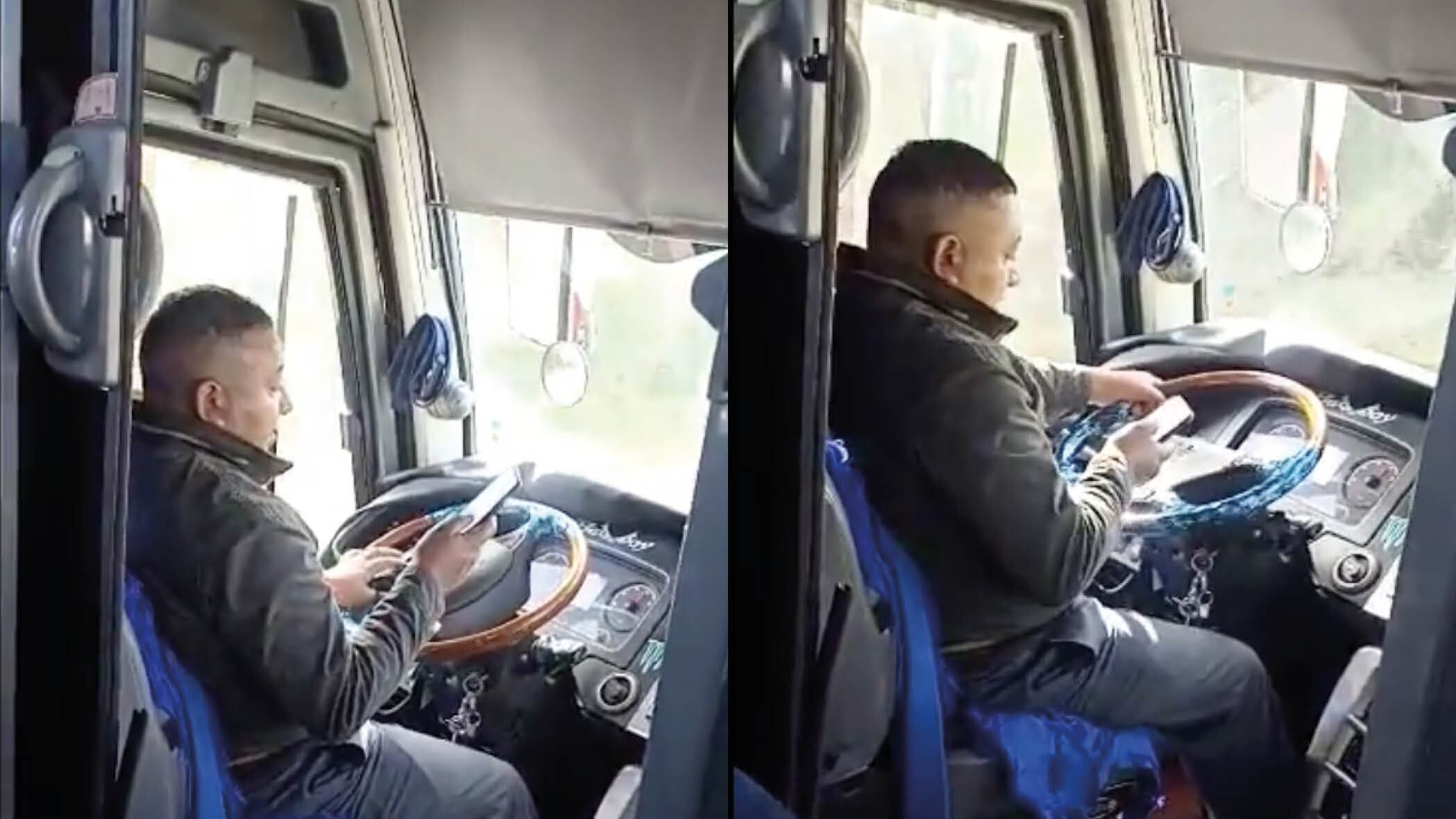 Captan en video a chofer de bus manejando a alta velocidad mientras revisa su celular