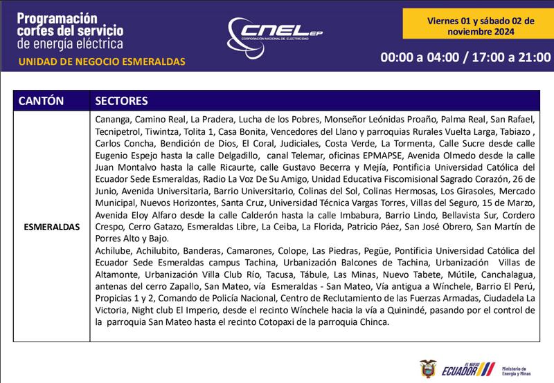Así quedan los cortes de luz en Esmeraldas para este feriado de noviembre 2024