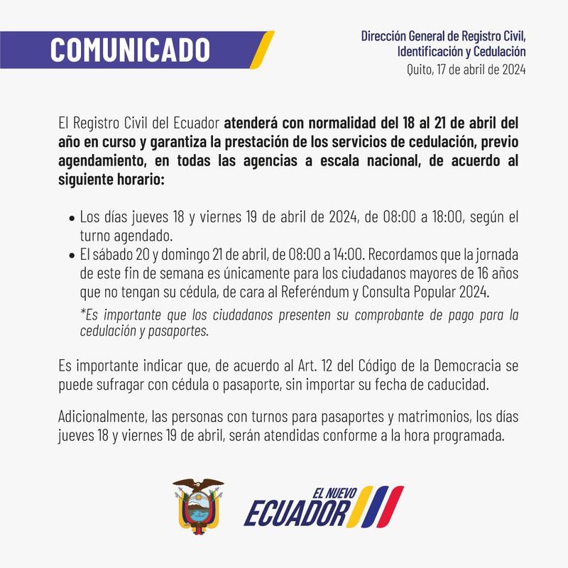 Registro Civil atenderá con normalidad este 18 y 19 de abril.