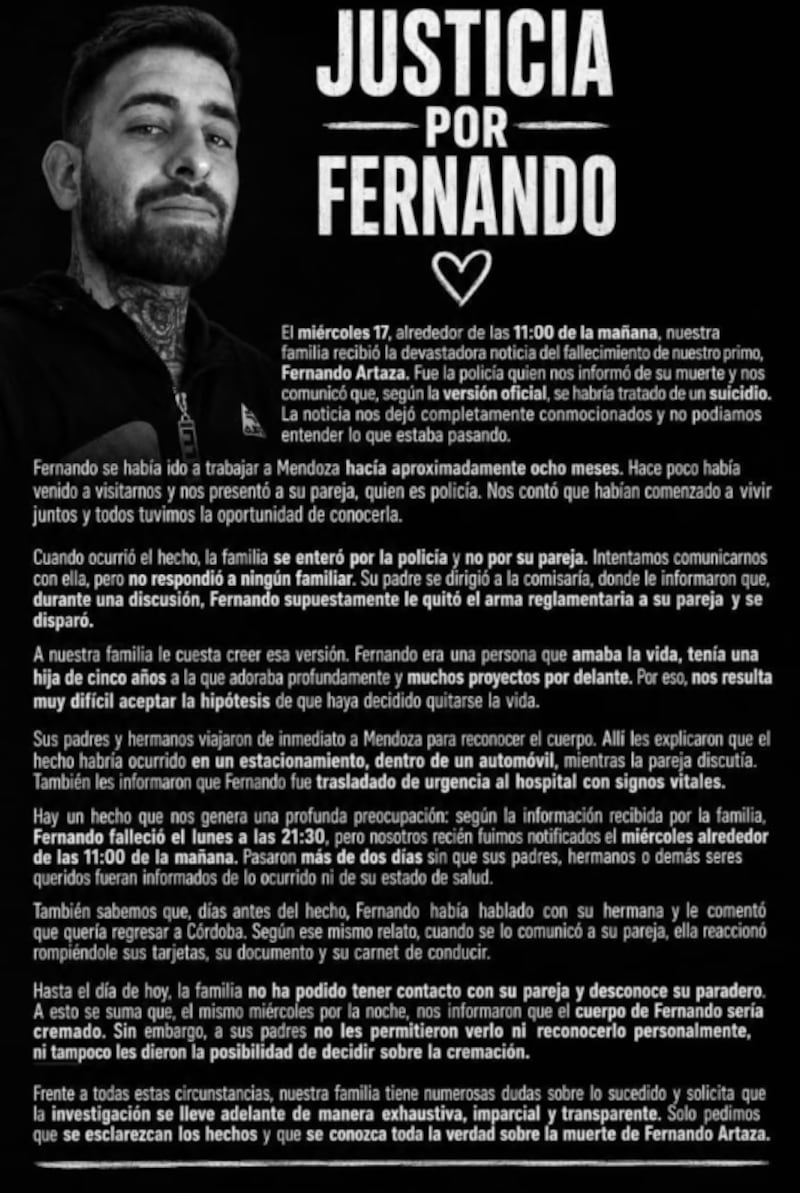 El comunicado de la familia de Fernando. (Foto: Facebook/Jessi Allende)