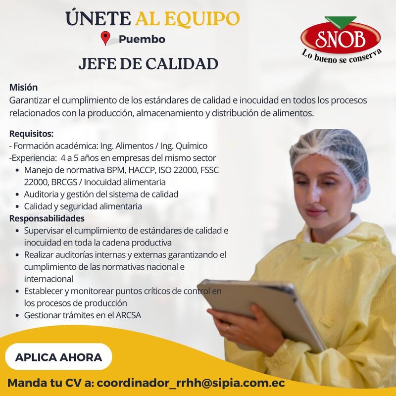 Vacantes laborales en Alimentos SNOB.