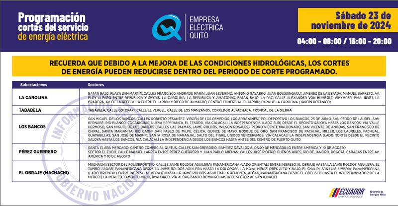 CORTES DE LUZ QUITO SABADO 23 DE NOVIEMBRE