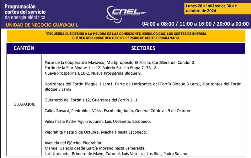Cortes de luz en Guayaquil hasta el 30 de octubre