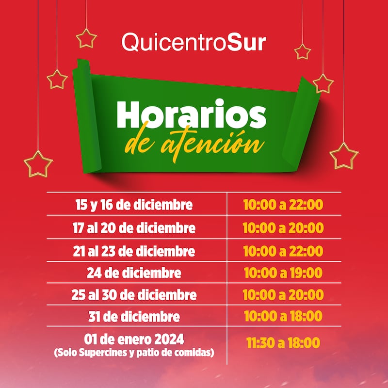 Horarios de atención en Quicentro Sur