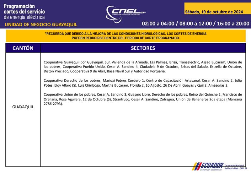 Guayaquil: horarios de cortes de luz para este sábado 19 y domingo 20 de octubre. Imagen: CNEL