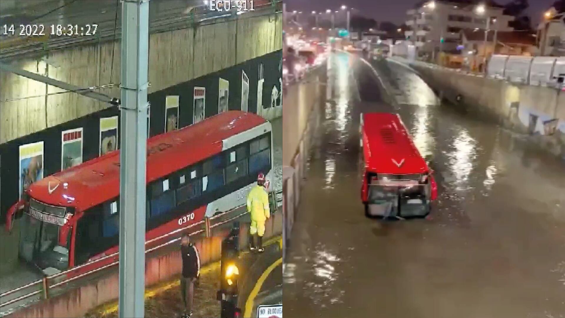 Bus inundado en paso deprimido en Cuenca