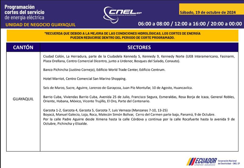 Guayaquil: horarios de cortes de luz para este sábado 19 y domingo 20 de octubre. Imagen: CNEL