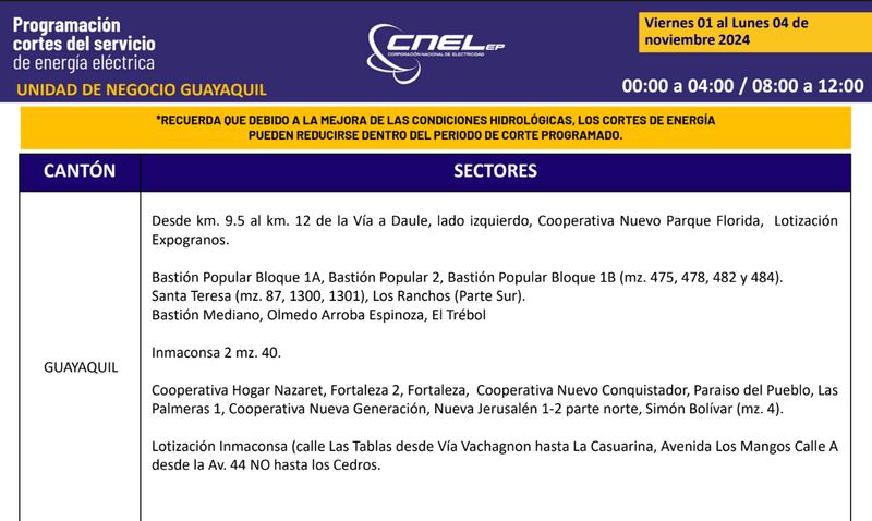 Guayaquil: Así quedan los nuevos horarios de cortes de luz para el feriado de noviembre