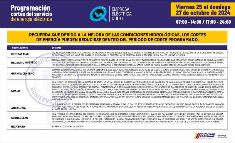 Quito: recuerde los horarios de cortes de luz de 14 horas para este 26 y 27 de octubre. Imagen: EEQ