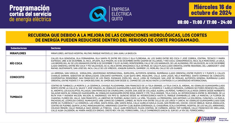 Quito: recuerde los horarios de cortes de luz de este miércoles 16 de septiembre. Imagen: EEQ