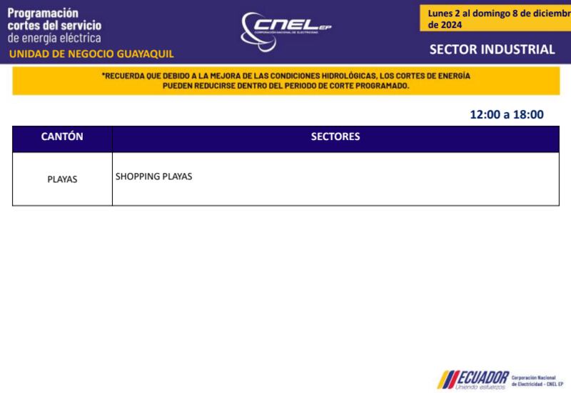 Guayaquil: revise los horarios de cortes de luz del 2 al 8 de diciembre. Imagen: CNEL