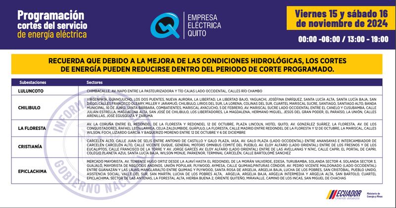 CORTES DE LUZ VIERNES 15 Y SÁBADO 16 DE NOVIEMBRE