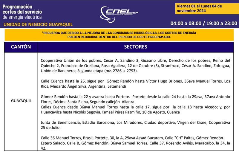 Guayaquil: Así quedan los nuevos horarios de cortes de luz para el feriado de noviembre