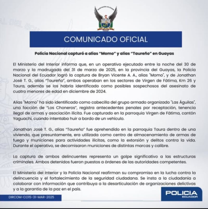 Comunicado de la Policía Nacional sobre la captura de alias "Momo" y "Taureño" en Guayas.