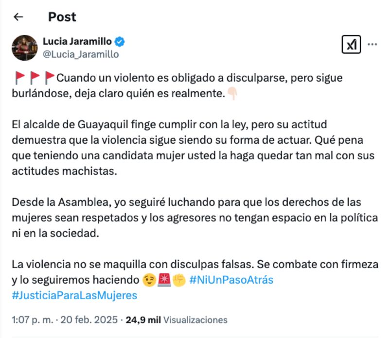 Lucía Jaramillo reacciona a la disculpa de Aquiles Álvarez