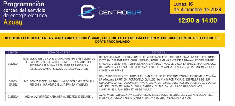 Cuenca: cronograma de apagones de este lunes 16 de diciembre. Imagen: CENTROSUR